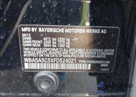 2015 BMW 528I from USA, damaged, VIN WBA5A5C5XFD524021